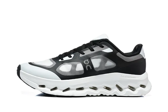 On Black White Engineered Mesh Upper Open Hexagonal CloudTec Pods Running Shoes