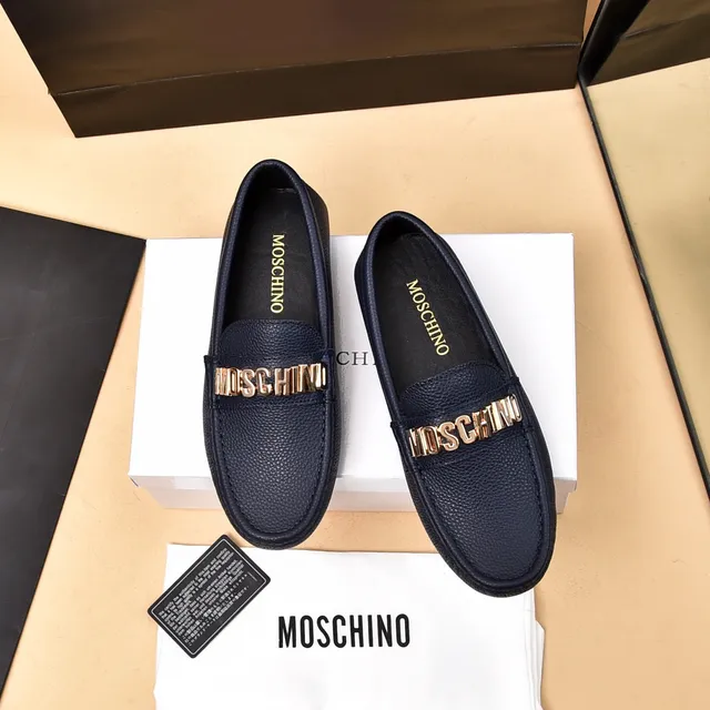 Moschino Logo-Strap Loafer Navy Gold Pebbled Leather Detail Loafer