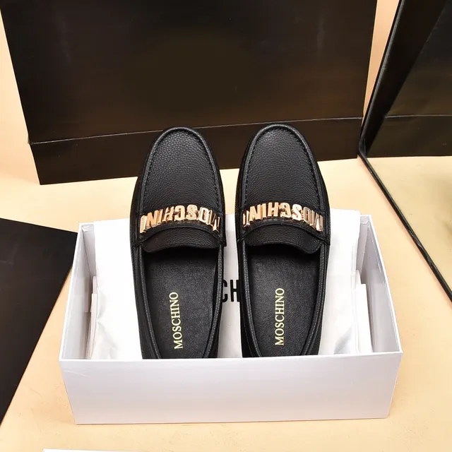 Moschino Logo-Bar Black Gold Pebbled Leather Hardware Loafer