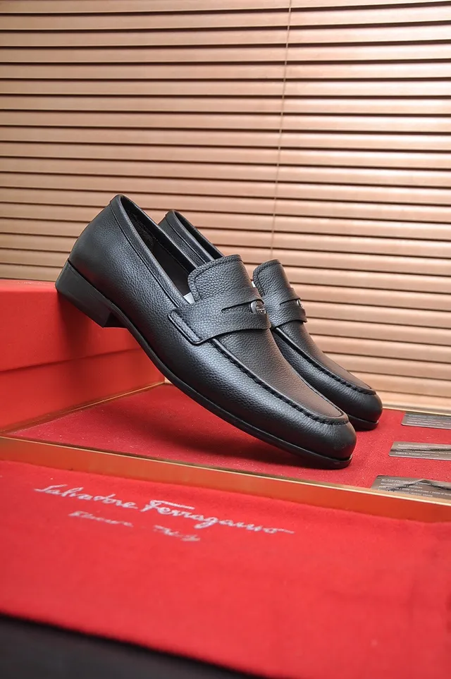 Salvatore Ferragamo Gancini Loafer Black Pebbled Leather Penny Strap Loafers