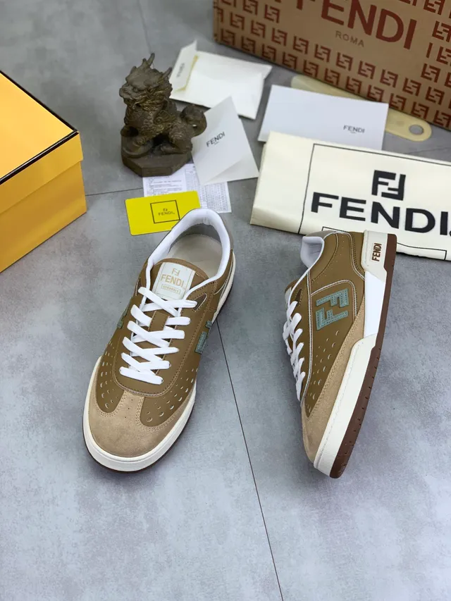 Fendi Beige White Perforated Suede And Leather Upper Contrasting Laces Lining Lifestyle Sneakers