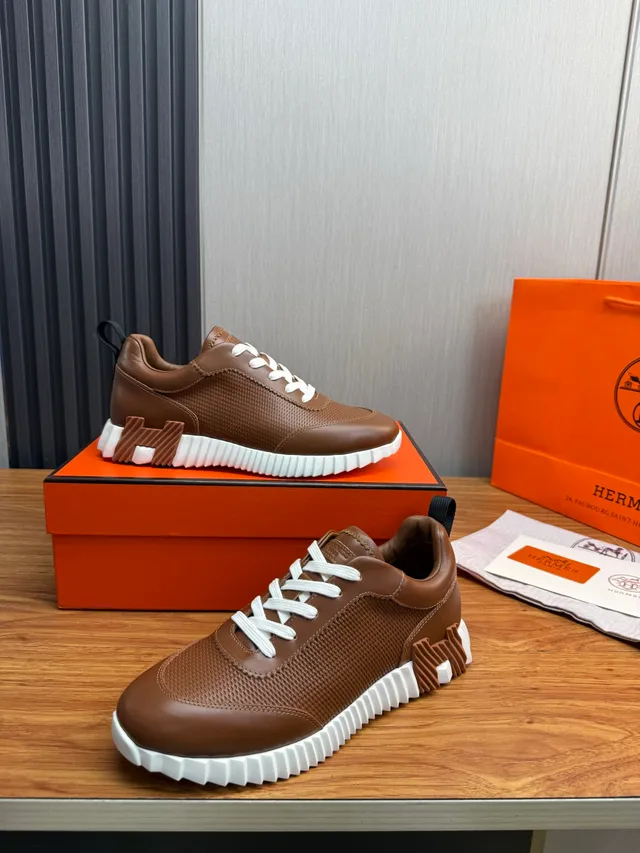 Hermès Brown White Perforated Leather Upper Sculpted Ridged Sole Lifestyle Sneakers