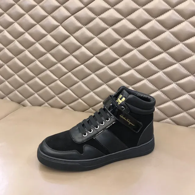Salvatore Ferragamo High-Top Black Suede and Patent Leather Lifestyle Sneakers