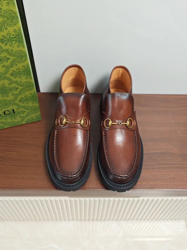 Gucci Brown Black Horsebit Buckle Ankle-Height Loafer