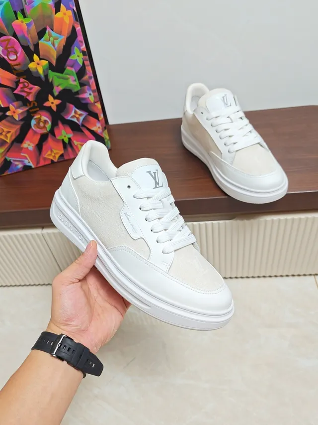 Louis Vuitton White Beige Low-Top Textile-and-Leather Upper Lifestyle Sneakers