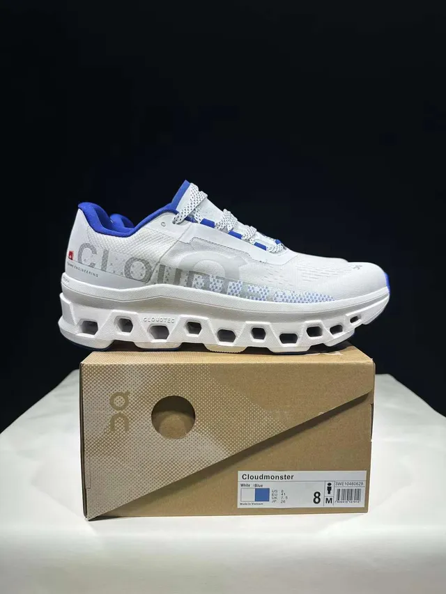 On Cloudmonster White and Blue Running Shoes
