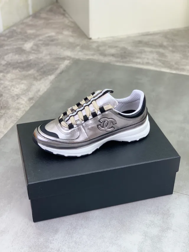 Chanel Silver Black Metallic Leather Striped Lacing Lifestyle Sneakers