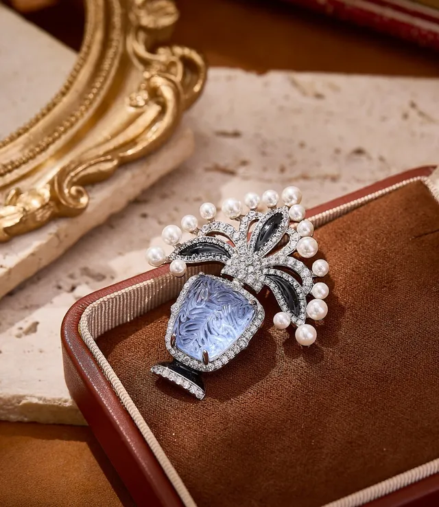 Purple White Carved Lavender Stone Pearl Halo Brooch