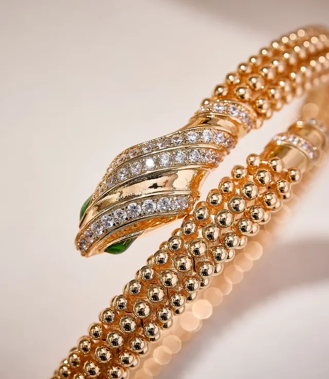 Bvlgari Serpenti Gold Green Coiled Serpentine Beaded Texture Bracelet