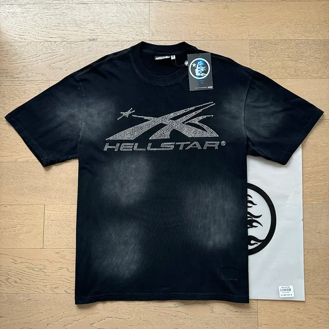 Hellstar Rhinestone X Flame Graphic Faded Black T-Shirt