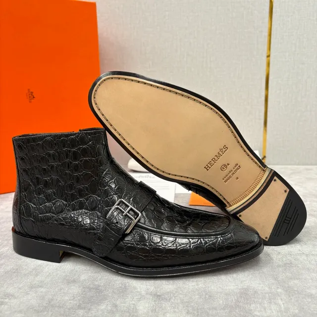Hermès Monk Strap Ankle Boot Black Silver Crocodile-Embossed Leather Side Zipper Ankle Boots