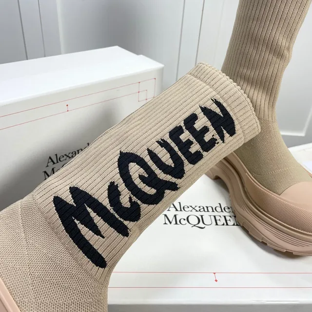Alexander McQueen Tread Slick Beige Knit Logo Knee Boots