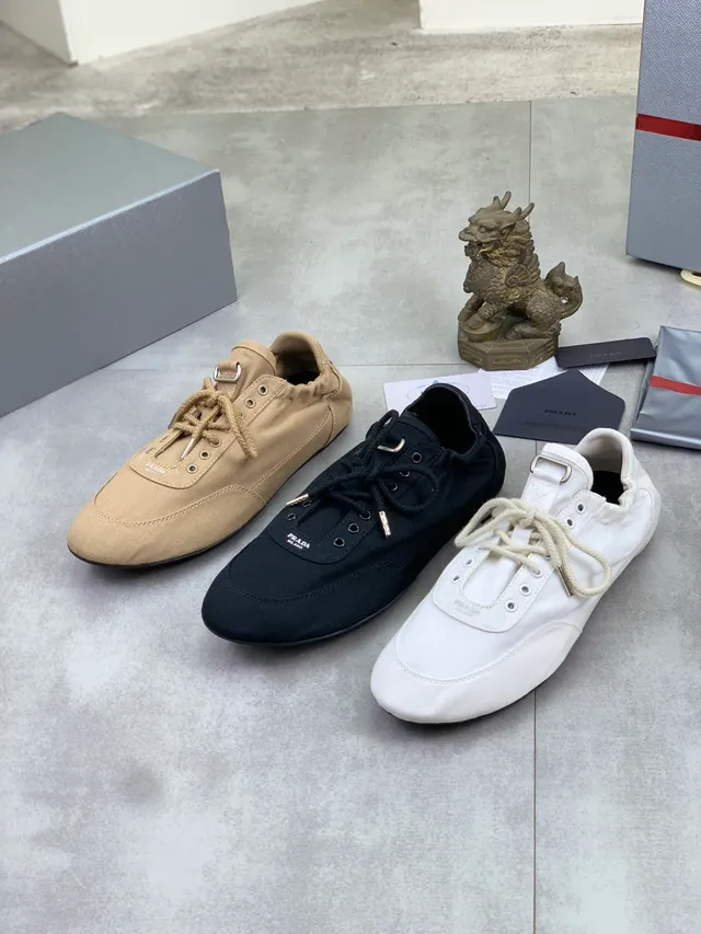 Prada Beige Black Upper Rope-Style Laces Canvas Shoes