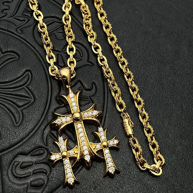 Chrome Hearts Triple Cross Pavé Gold Tone Necklace