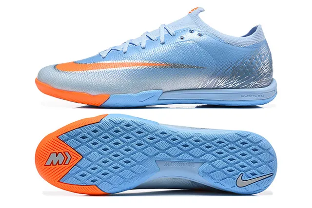 Nike MercurialX Blue Orange Low-Cut Knit Upper Metallic Silver Overlay Indoor Soccer Shoes