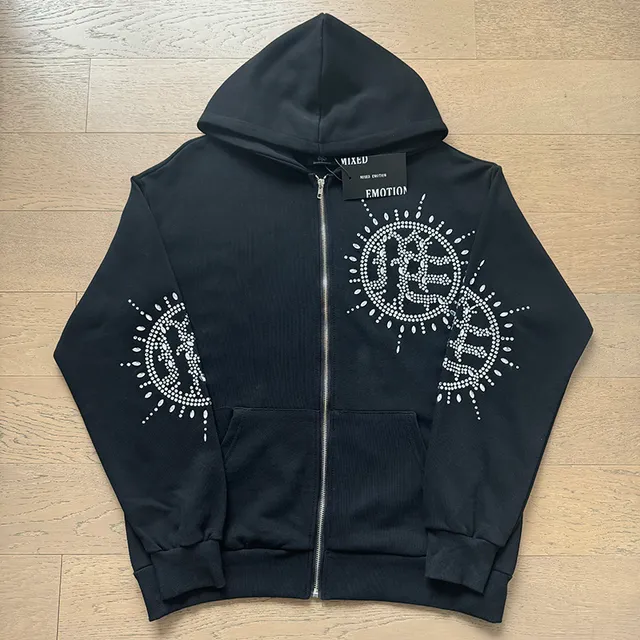 Mixed Emotion Rhinestone Sunburst Logo Black Tracksuit