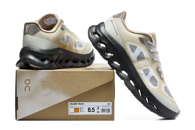 On Black White Engineered Mesh Upper Open Hexagonal CloudTec Pods Running Shoes