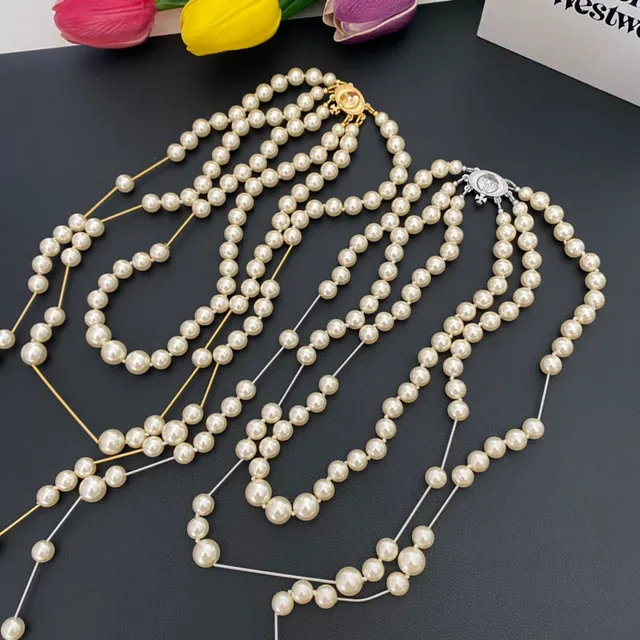 Vivienne Westwood Orb Pearl Necklace Beige Gold Multi-Strand Logo Clasp Necklace