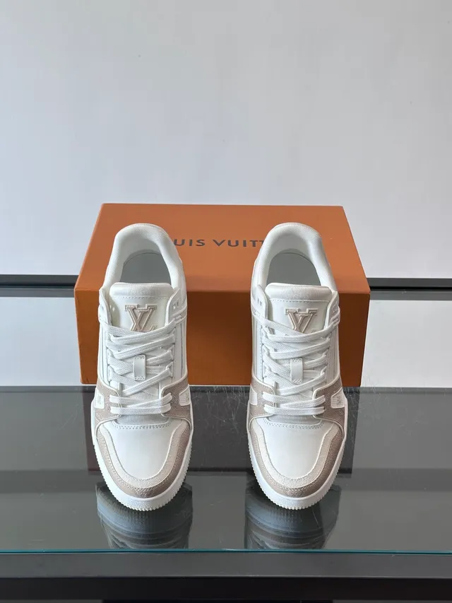 Louis Vuitton LV Trainer Beige White Structured Multi-Panel Upper Branded Side Strap Lifestyle Sneakers
