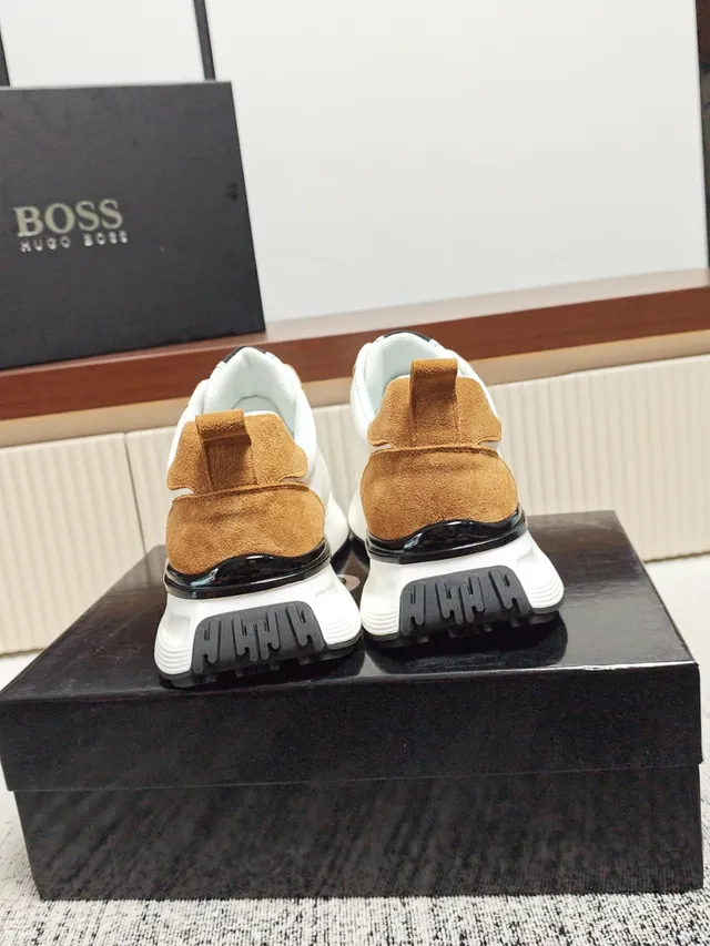 Hugo Boss White Brown Mixed-Material Upper Sculpted Midsole Sneakers