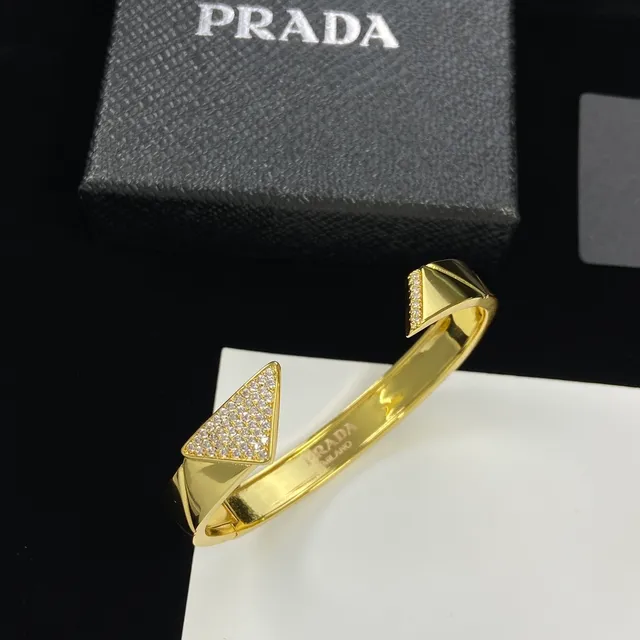Prada Geometric Pavé Crystal Gold-Tone Open Cuff Bracelet