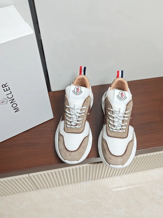 Moncler White Beige Layered Mesh And Suede Upper Oversized Brown 'M' Side Panel Chunky Sneakers