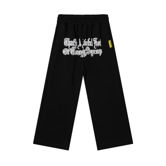 Black Gothic Typography Print Wide-Leg Sweatpants