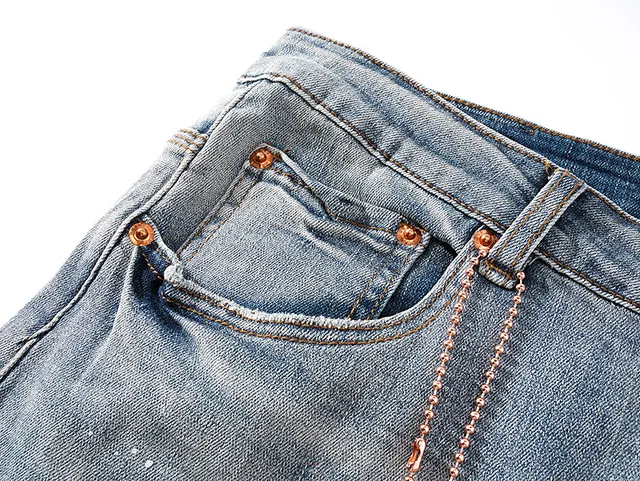 Purple Brand Distressed Paint-Splatter Light-Wash Slim-Fit Jeans
