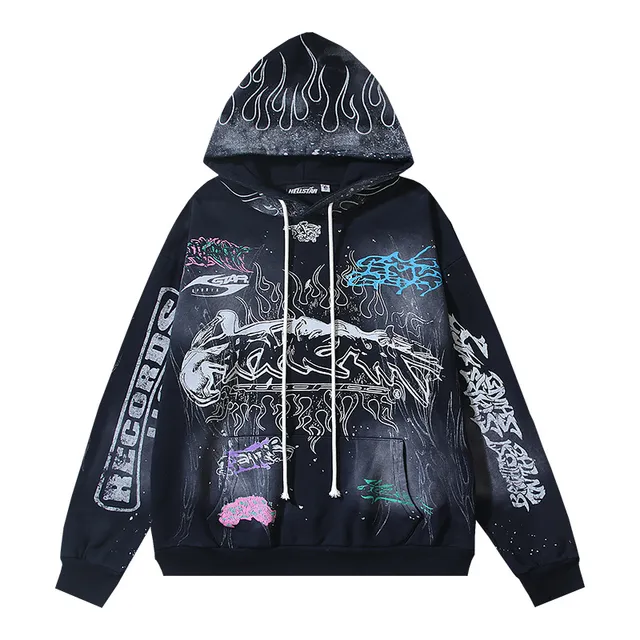 Hellstar Records LLC Graphic Print Distressed Flame Motif Hoodie