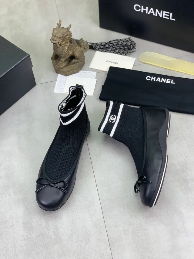 Chanel Black White Knit Sock Ankle Leather Toe Cap Ballet Flat