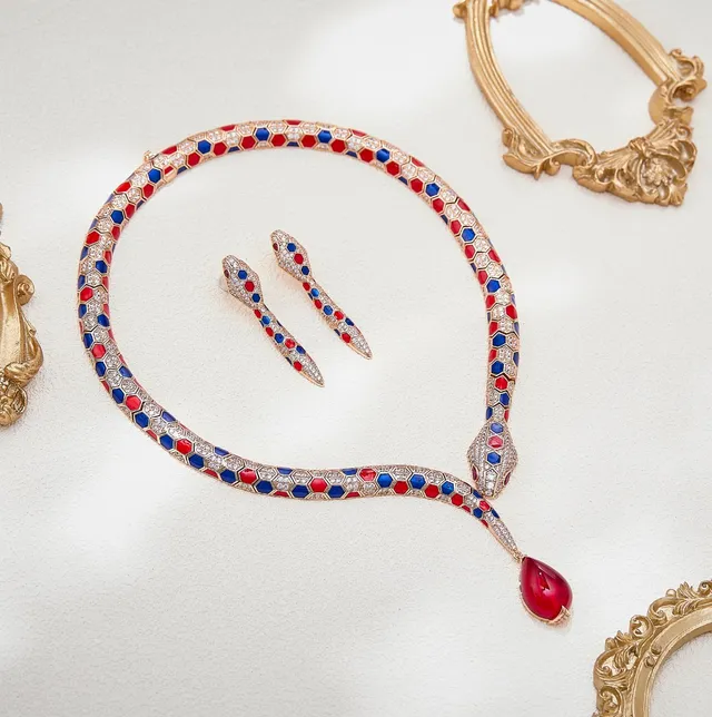 Snake-Shaped Hexagonal Enamel and Pavé Crystal Earrings