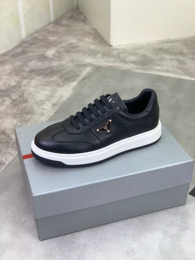 Prada Black White Leather Upper Triangular Logo Plaque Lifestyle Sneakers