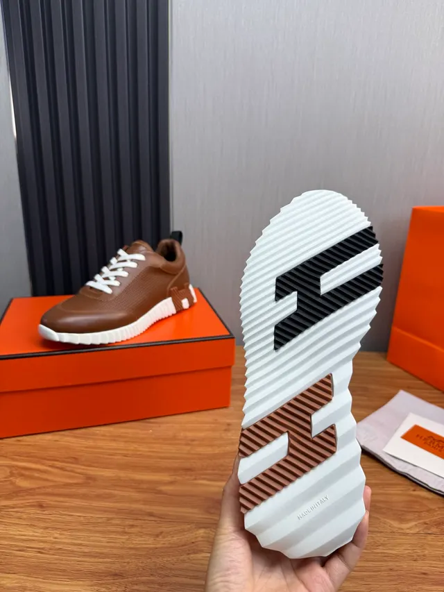 Hermès Brown White Perforated Leather Upper Sculpted Ridged Sole Lifestyle Sneakers