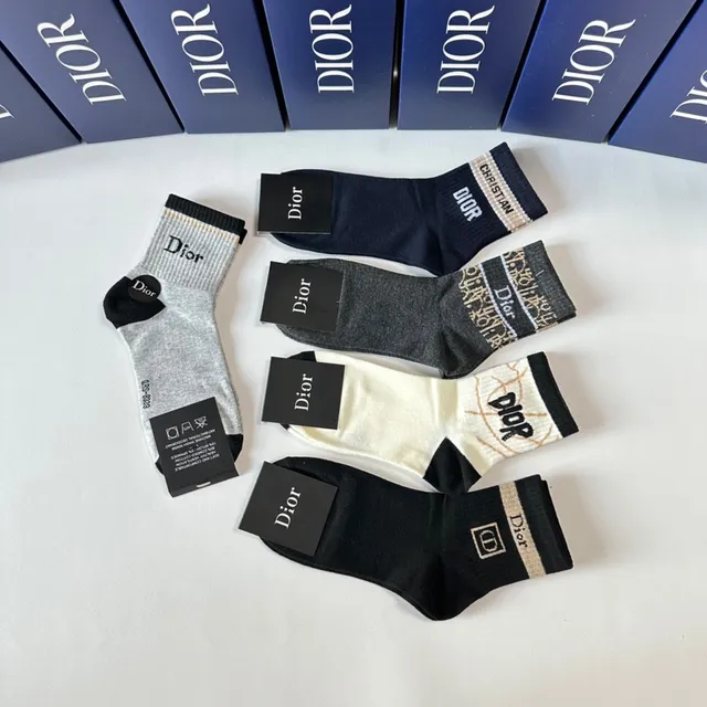 Dior Black Gray Ribbed Cuff Logo-Integrated Knit Socks