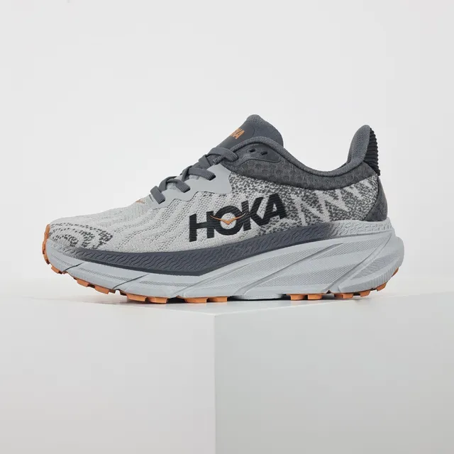 Hoka Gray Orange Engineered Knit Upper Maximalist Cushioned Midsole Running Shoes