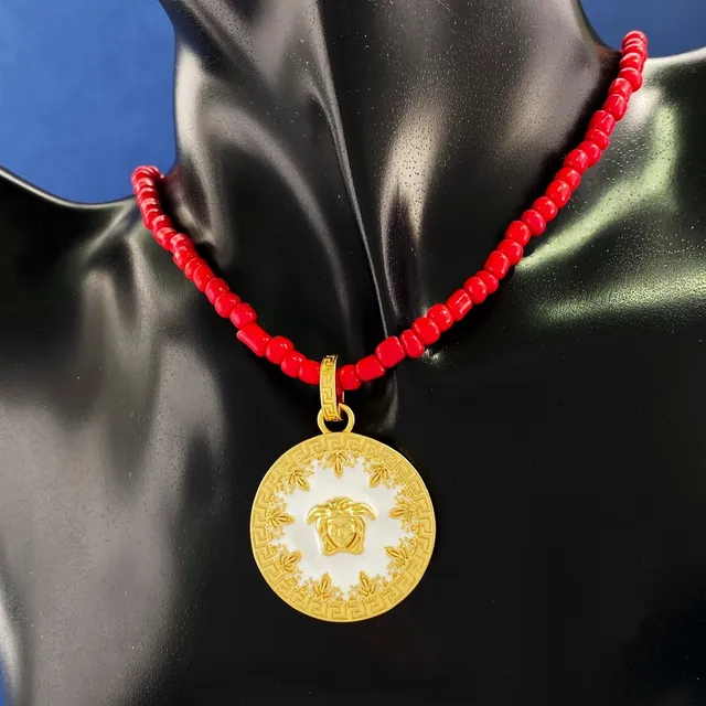 Versace Medusa Icon Red Gold Beaded Chain Pendant Necklace