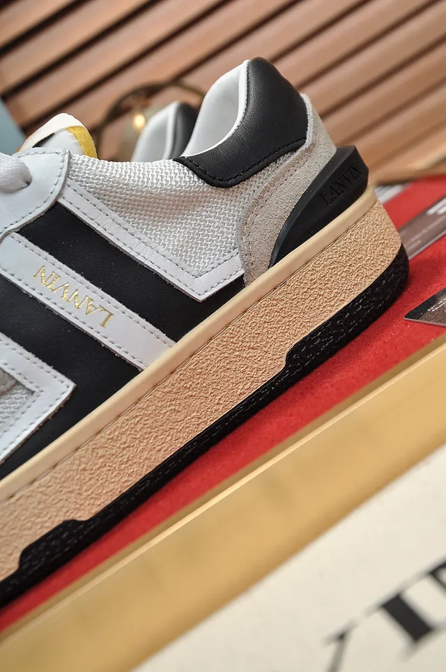 Lanvin White Black Mixed-Material Upper Side Stripe Branding Lifestyle Sneakers