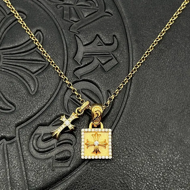 Chrome Hearts Cross and Pavé Square Dual Pendant Necklace