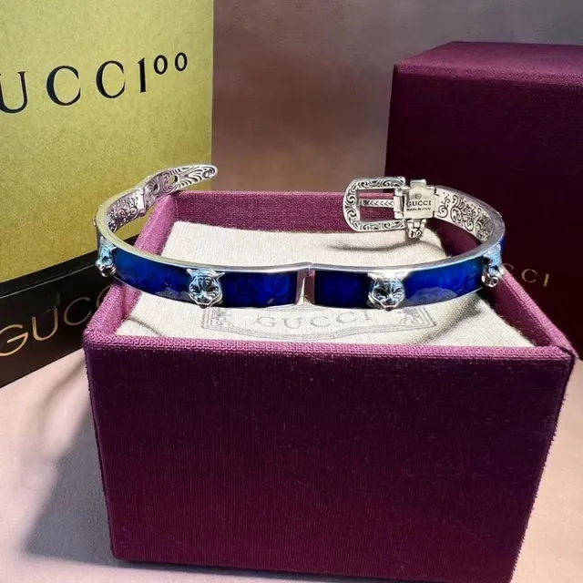 Gucci Tiger Motif Blue Enamel Filigree Bangle Bracelet