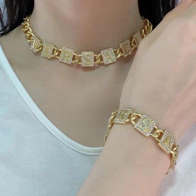 Versace Chain Reaction Gold Silver Curb Crystal-Embellished Letter Charms Necklace
