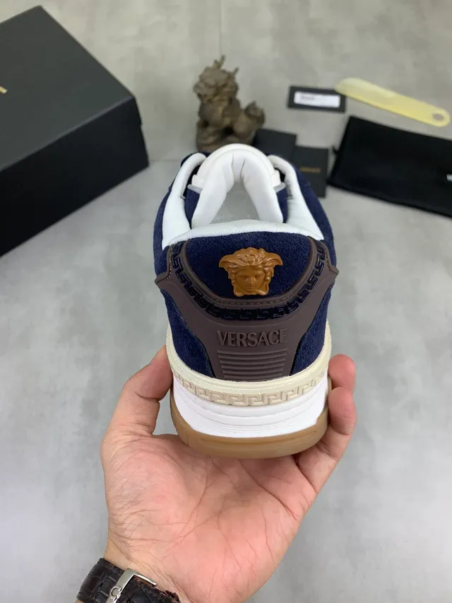 Versace Odissea Navy Suede Greca Pattern Chunky Sneakers