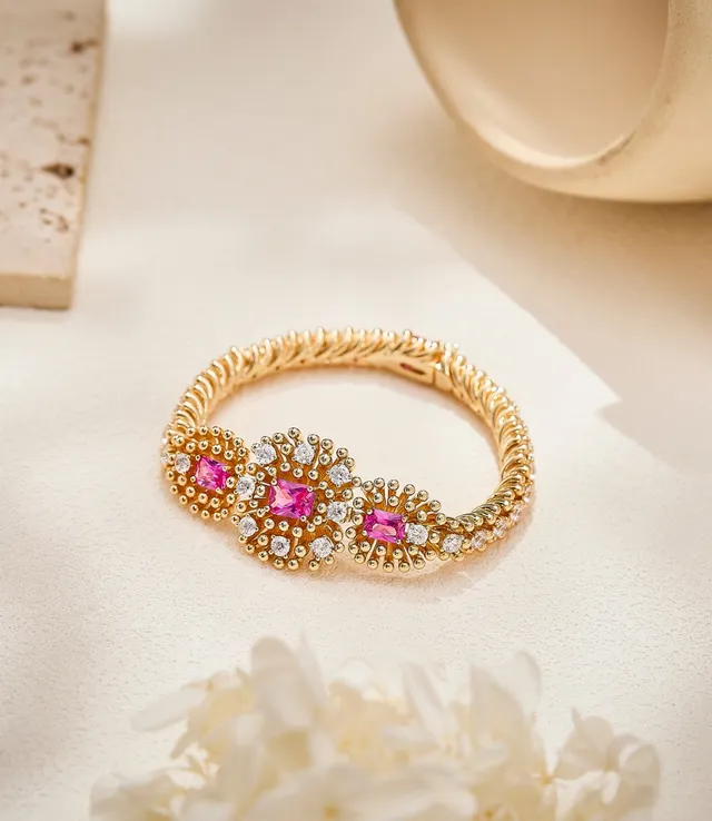 Gold Pink Twisted Rope Band Three-Cluster Floral Motif Bracelet