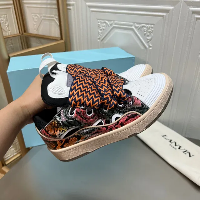 Lanvin Multicolor White Layered Mixed-Material Upper Snakeskin-Print Side Panels Sneakers