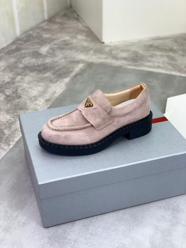 Prada Beige Black Suede Upper Padded Strap Loafer