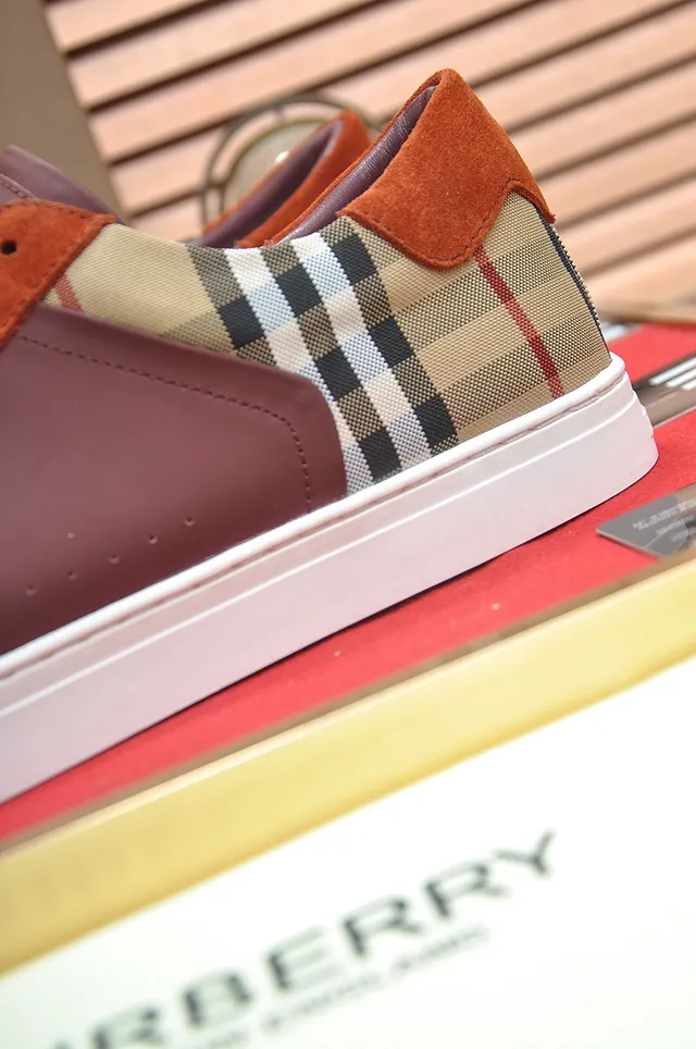 Burberry Burgundy Orange House Check Panel Color-Blocked Leather And Suede Lifestyle Sneakers