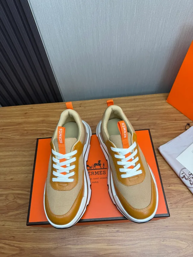 Hermès Beige Brown Mixed-Material Upper Layered Chunky Sole Sneakers