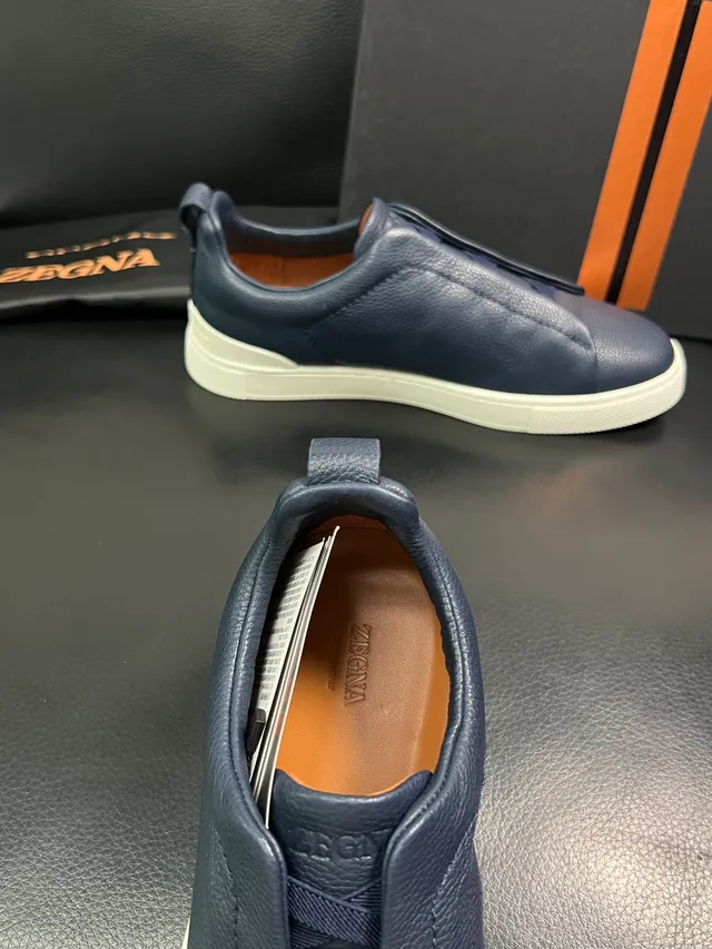 Zegna Navy Pebbled Leather Slip-On Lifestyle Sneakers