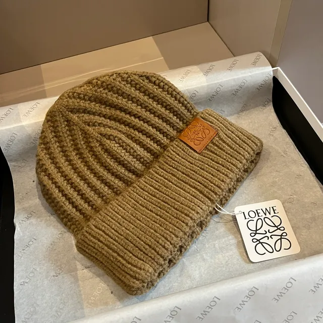 Loewe Brown Beige Ribbed Knit Folded Cuff Beanie