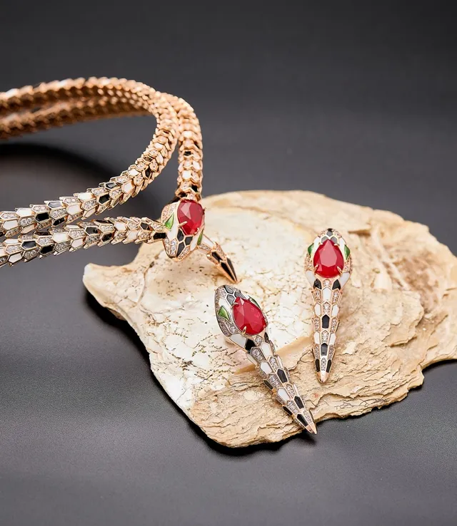 Bvlgari Serpenti Red Cabochon Enamel Snake Head Earrings