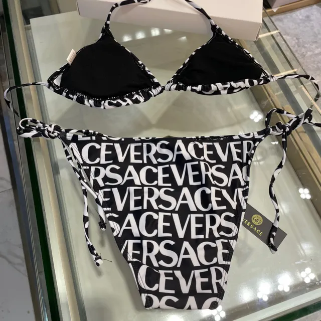 Versace Logo Print Black White Halter Triangle Top Swimwear